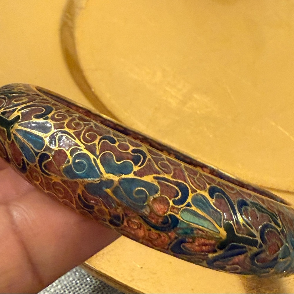 Vintage Plique A Jour Bangle Bracelet Pink & Blue Floral Design Stained Glass - Picture 5 of 8